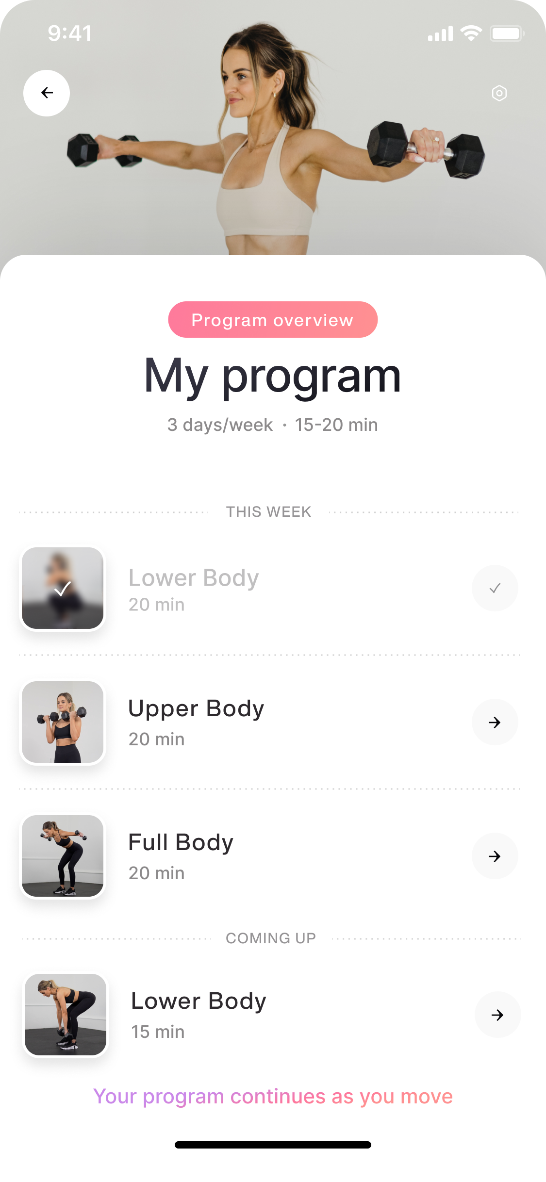 Your Choosing Her program overview: My program, 3 days a week, 15 to 20 minutes, with this week's workouts