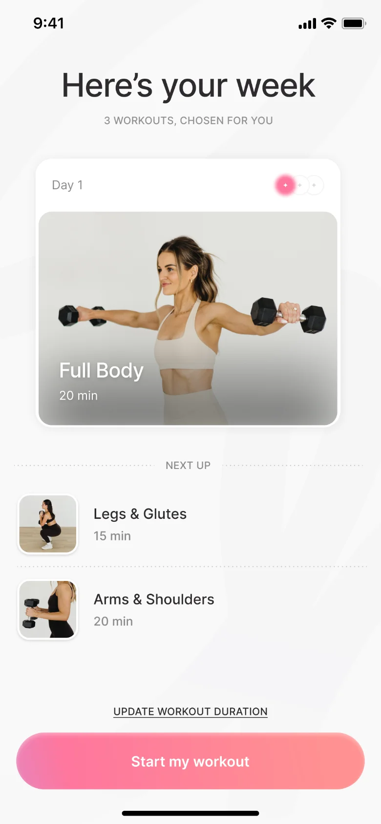 The Choosing Her week view with today's workout already loaded and ready to start